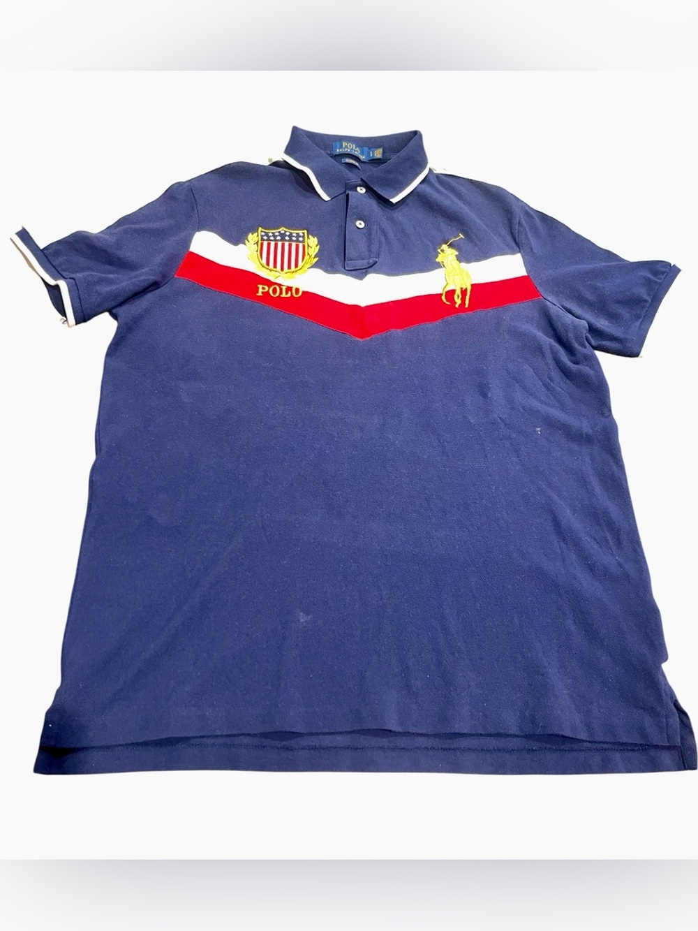 Ralph Lauren Polo Shirt Navy Blue US Flag Classic Fit Big Logo Gold Men’s Sz L